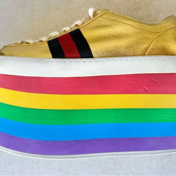 Gucci Peggy Rainbow Platform Sneakers EU 38 US 8 Gold Lace Up Slatform Shoes - Picture 4 of 16